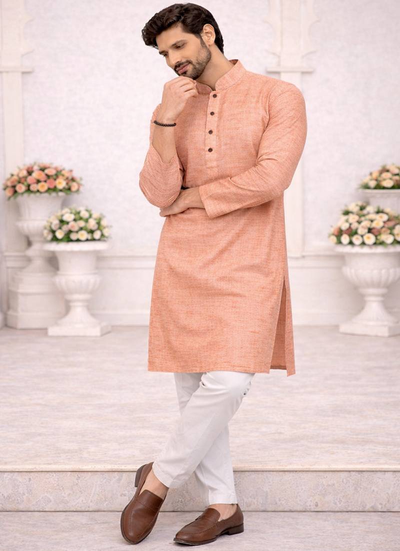 yellow color woven work khadi linen kurta payjama set