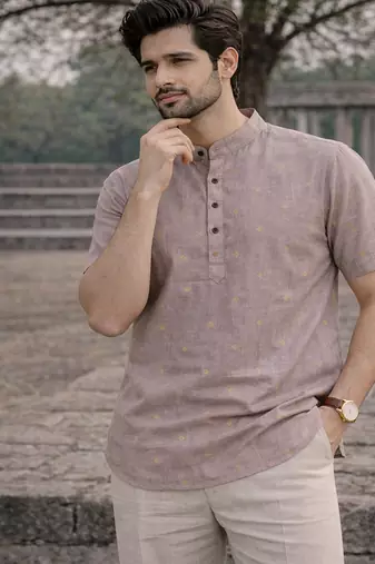 Purple color jaquard butta work linen cotton short kurta
