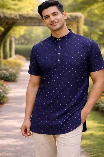Navy blue color zari weaving dot work cottan silk butta short kurta