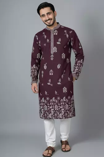 purple color printed chanderi silk kurta payjama set