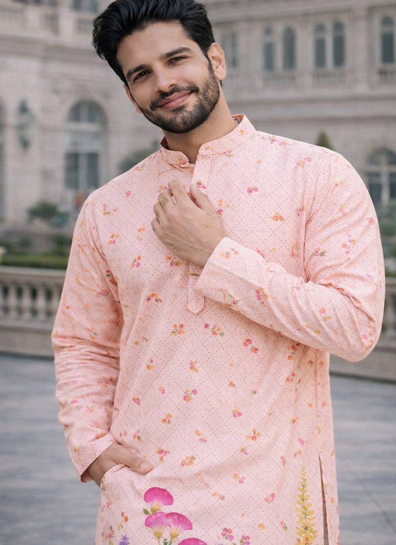 pink color embroidery and print work rayon kurta payjama set
