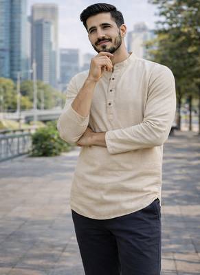 Off white color khadi and lilen with woodan batton work short kurta 2