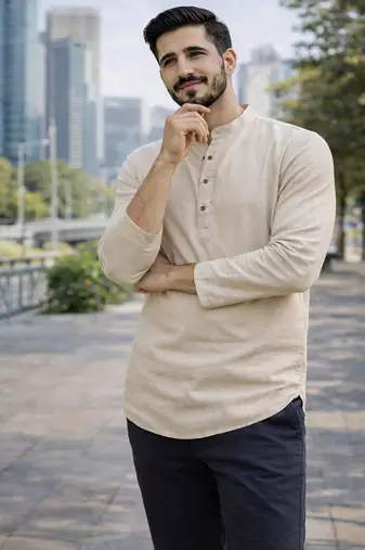 Off white color khadi and lilen with woodan batton work short kurta