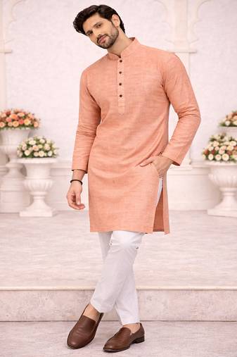 yellow color woven work khadi linen kurta payjama set