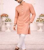 yellow color woven work khadi linen kurta payjama set