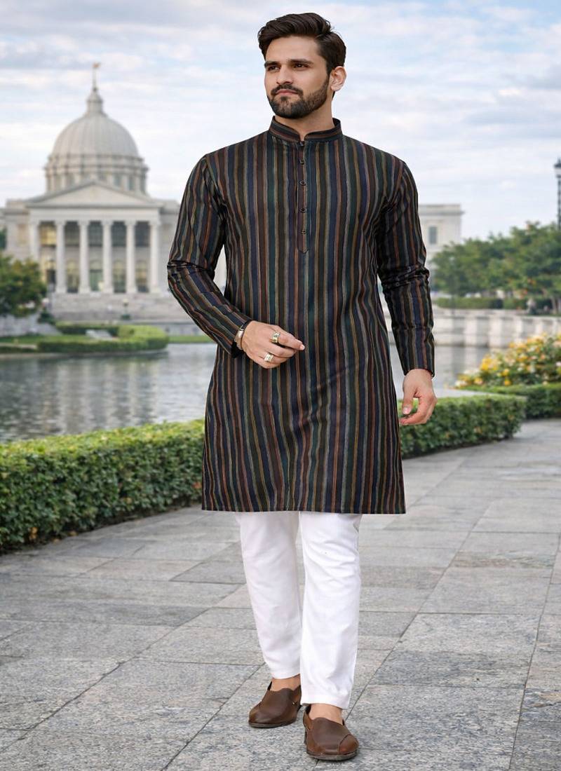 black color lilen jaquard kurta payjama set 