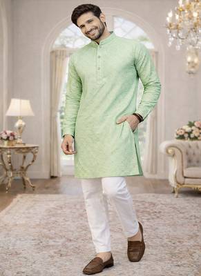 mint color jaquard printed kurta payjama set 1