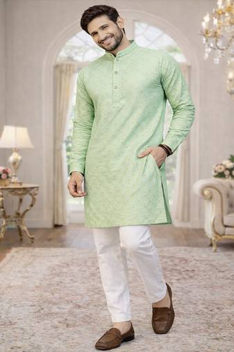 mint color jaquard printed kurta payjama set