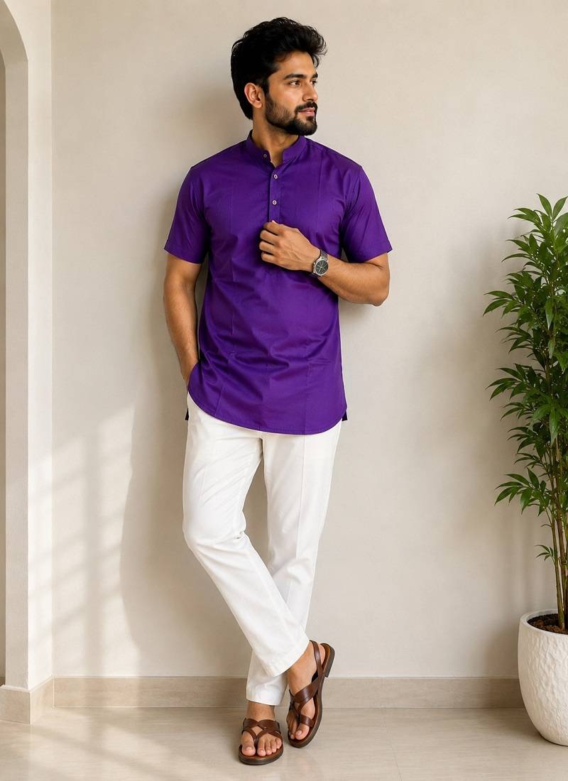 Navy Blue Zari Weaving Dot Cottan Silk Short Kurta