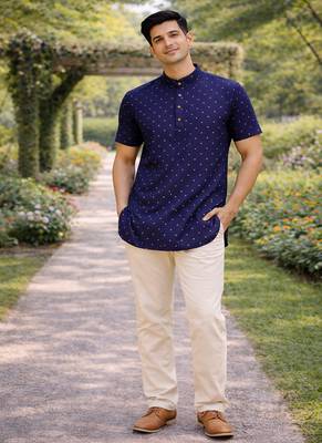 Navy blue color zari weaving dot work cottan silk butta short kurta 4