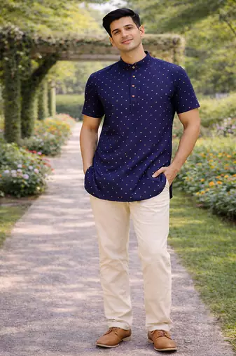 Navy blue color zari weaving dot work cottan silk butta short kurta