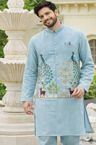 Blue color embroidery work satin kurta koti set