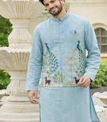 Blue color embroidery work satin kurta koti set
