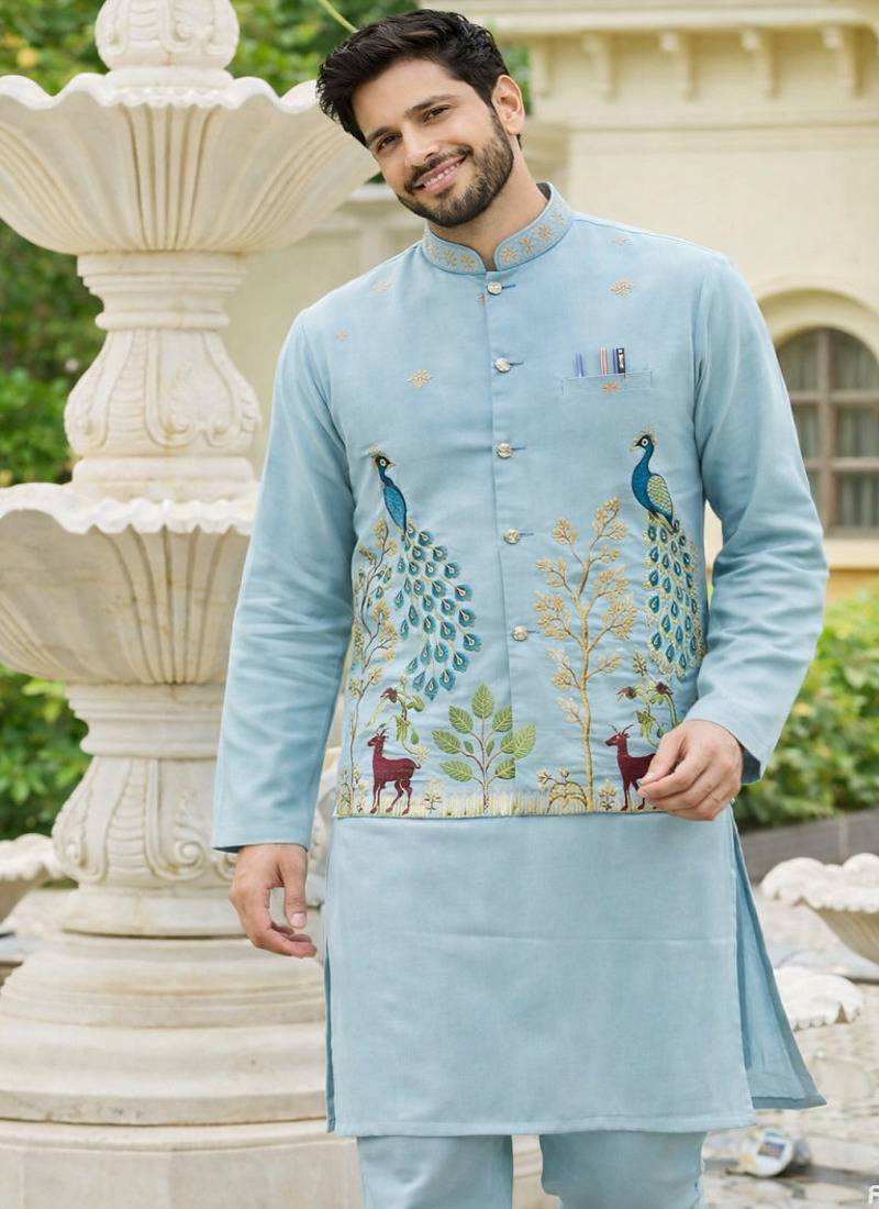 Blue color embroidery work satin kurta koti set