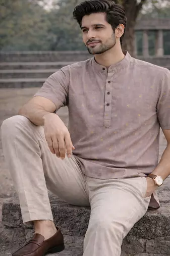 Purple color jaquard butta work linen cotton short kurta