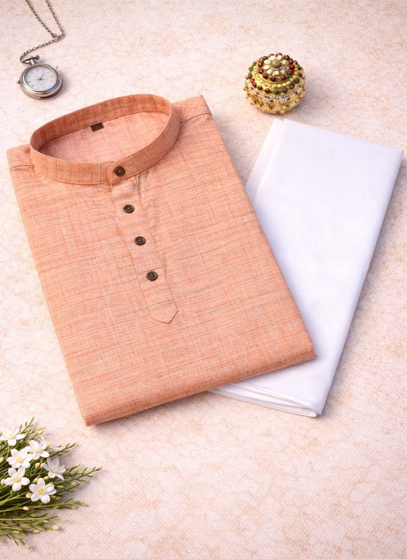 yellow color woven work khadi linen kurta payjama set