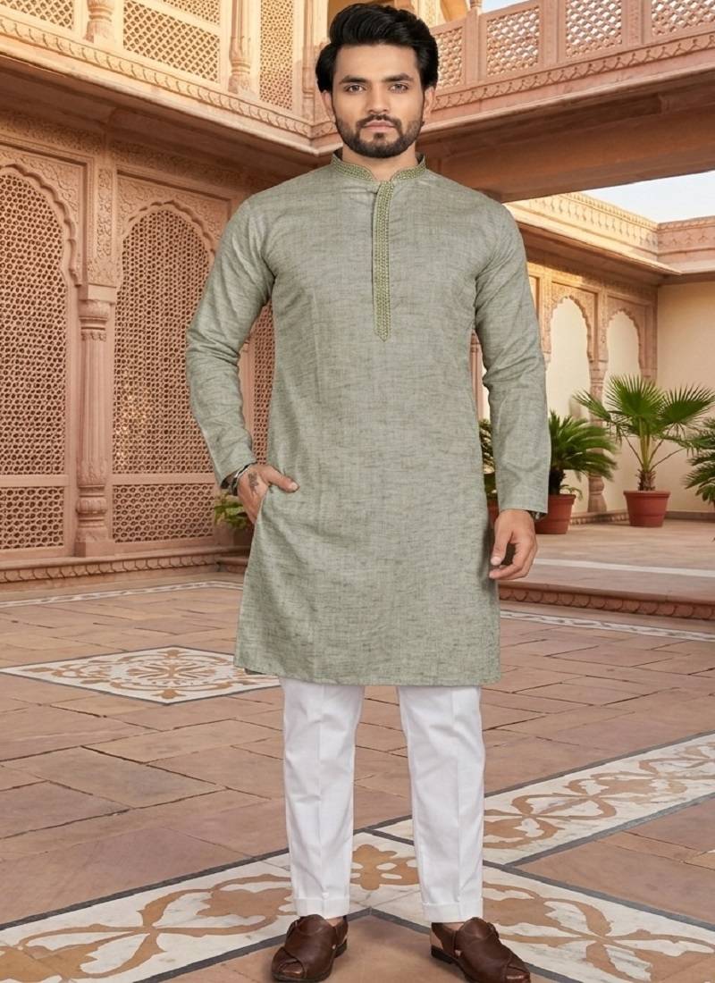 green color jaquard with embroidery patti slik kurta payjama set