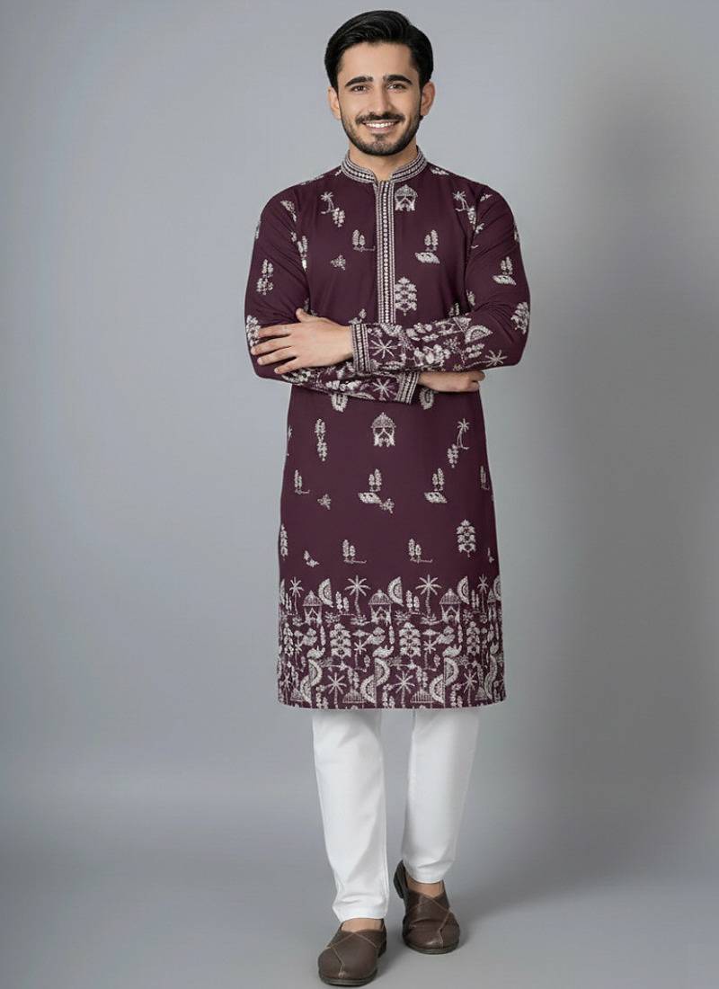 purple color printed chanderi silk kurta payjama set