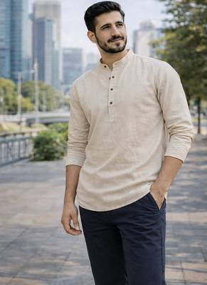 Off white color khadi and lilen with woodan batton work short kurta 3