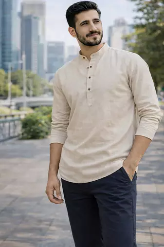 Off white color khadi and lilen with woodan batton work short kurta