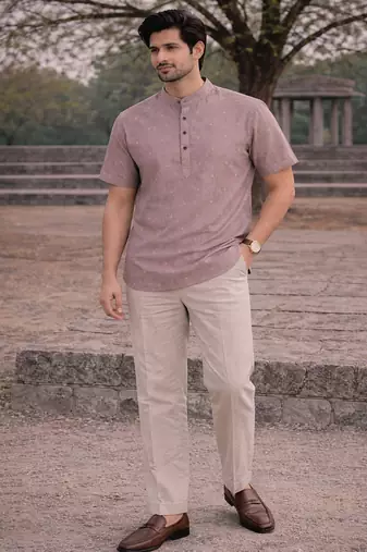 Purple color jaquard butta work linen cotton short kurta