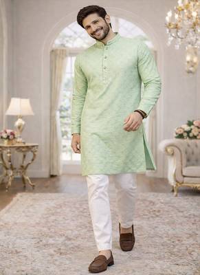 mint color jaquard printed kurta payjama set 4