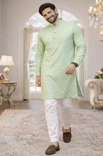 mint color jaquard printed kurta payjama set