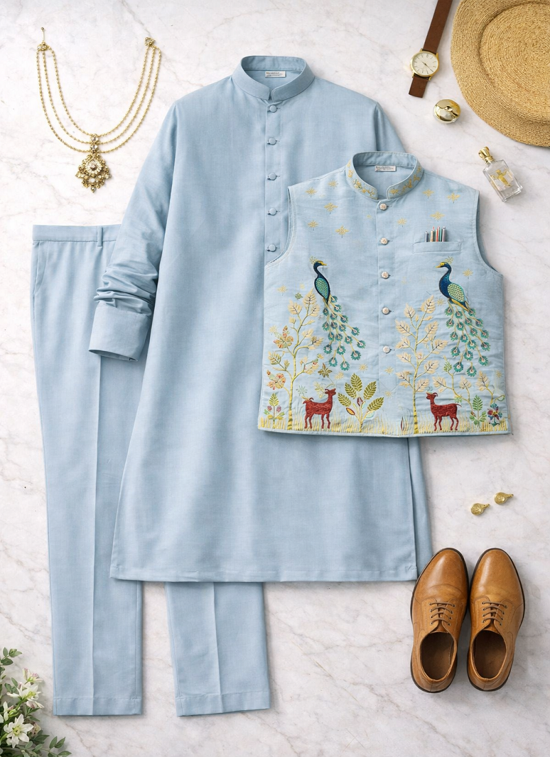 Blue color embroidery work satin kurta koti set