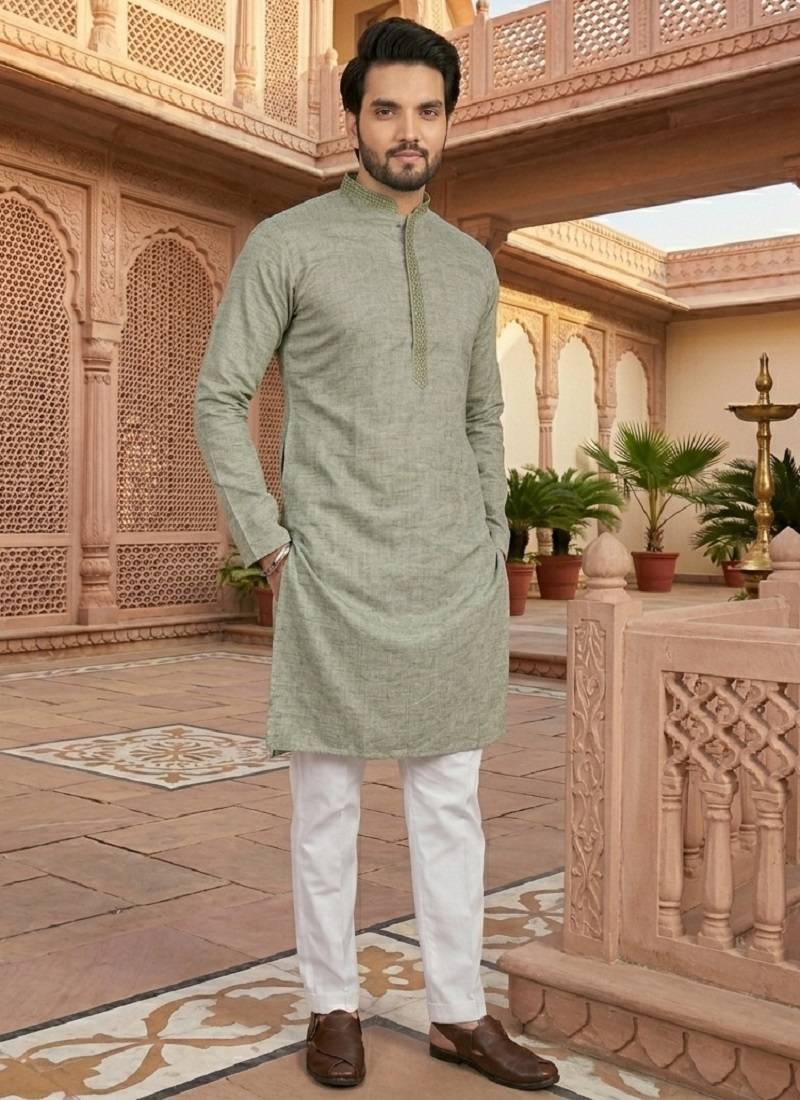 green color jaquard with embroidery patti slik kurta payjama set