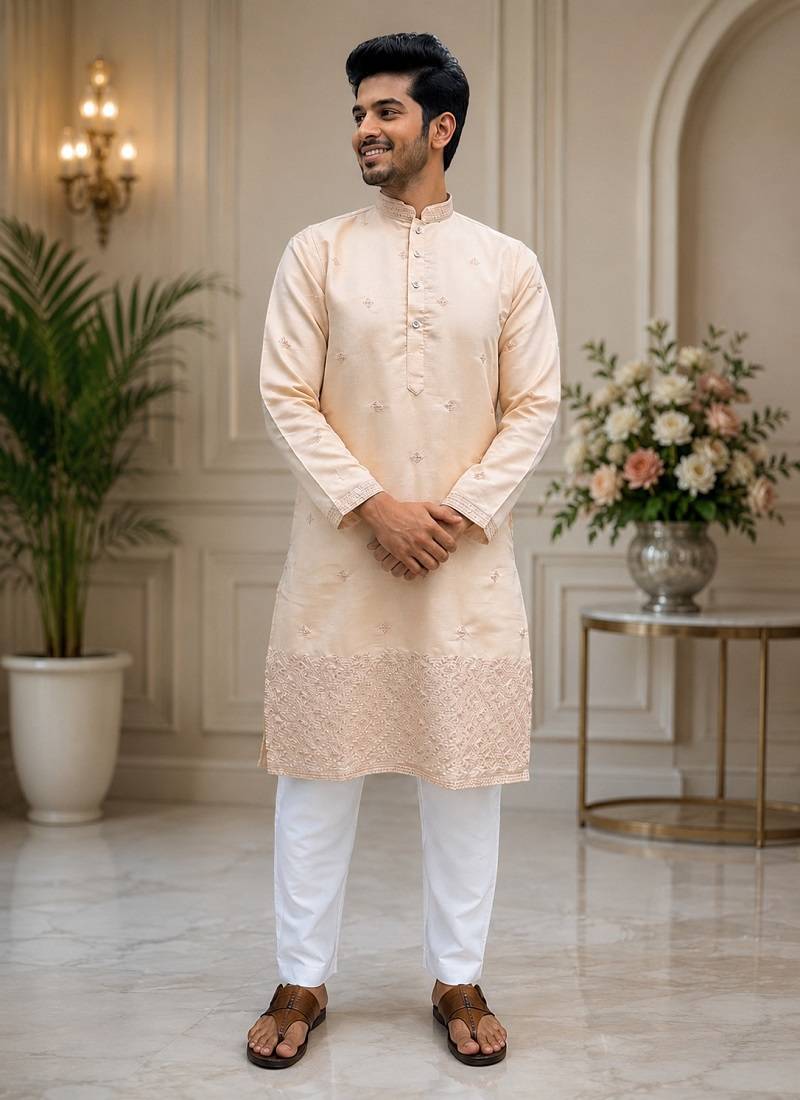 pink color embroidery and print work rayon kurta payjama set