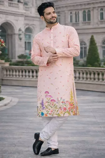 pink color embroidery and print work rayon kurta payjama set