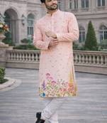 pink color embroidery and print work rayon kurta payjama set
