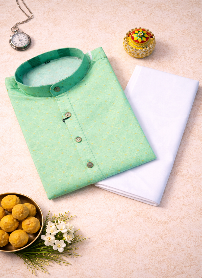 mint color jaquard printed kurta payjama set