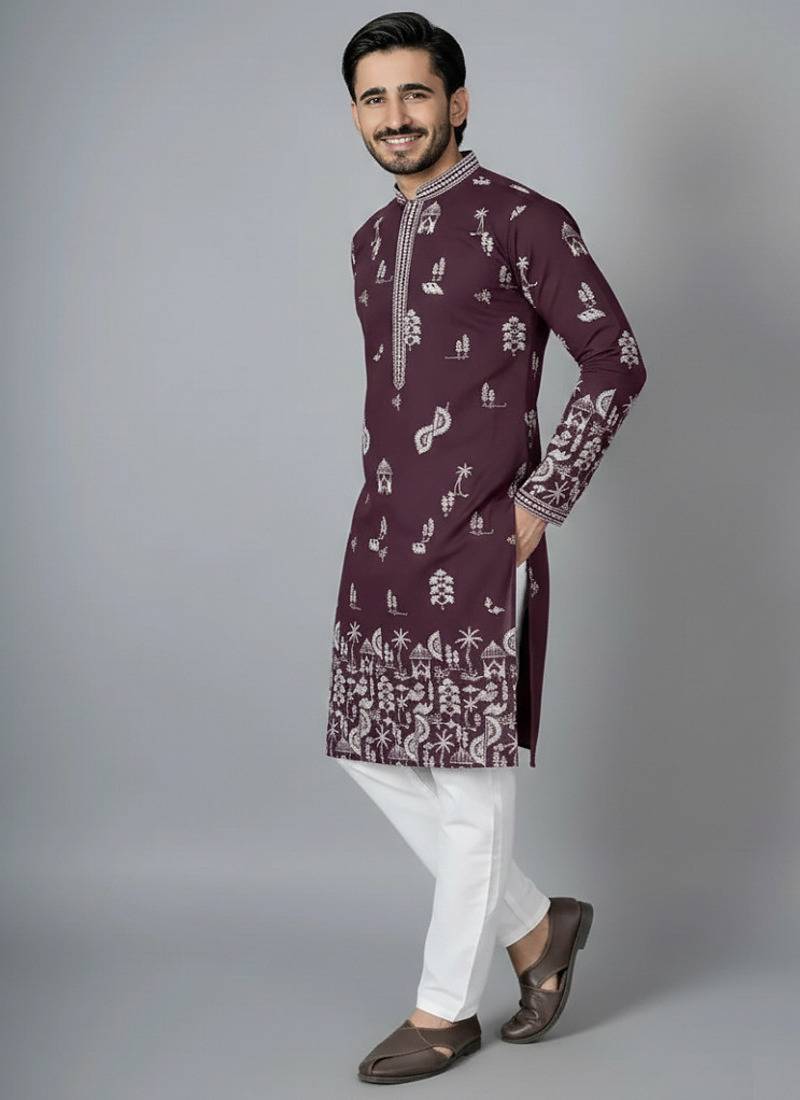 purple color printed chanderi silk kurta payjama set
