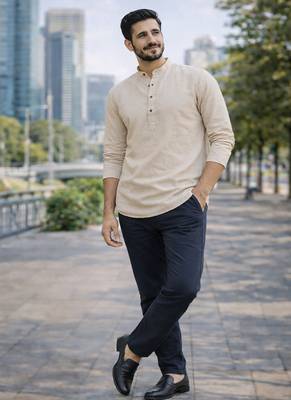 Off white color khadi and lilen with woodan batton work short kurta 4