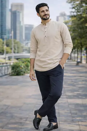Off white color khadi and lilen with woodan batton work short kurta