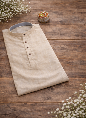 Off white color khadi and lilen with woodan batton work short kurta 5