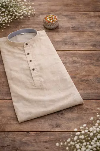 Off white color khadi and lilen with woodan batton work short kurta