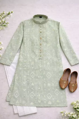 green color jaquard with embroidery patti slik kurta payjama set