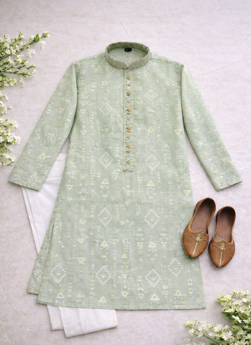 green color jaquard with embroidery patti slik kurta payjama set