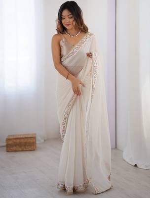Women's  georgette floral embroidered saree with satin blouse piece 1