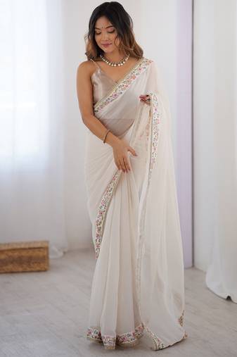 Women's pure georgette floral embroidered saree with satin blouse piece