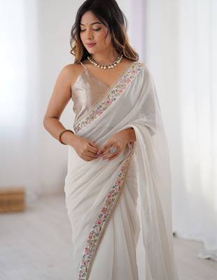 Women's  georgette floral embroidered saree with satin blouse piece 2