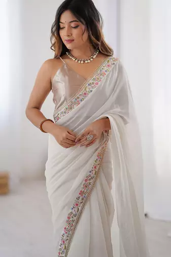 Women's pure georgette floral embroidered saree with satin blouse piece