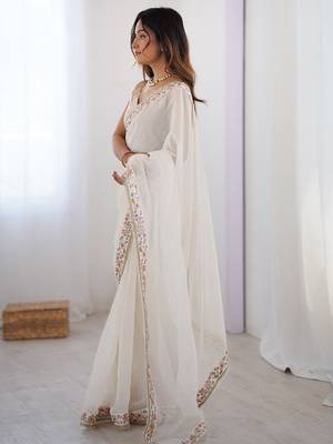 Women's  georgette floral embroidered saree with satin blouse piece 3
