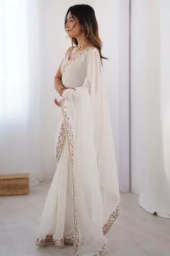 Women's pure georgette floral embroidered saree with satin blouse piece