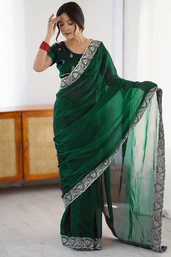 Women's rangoli silk traditional motiff embroidered saree with blouse piece