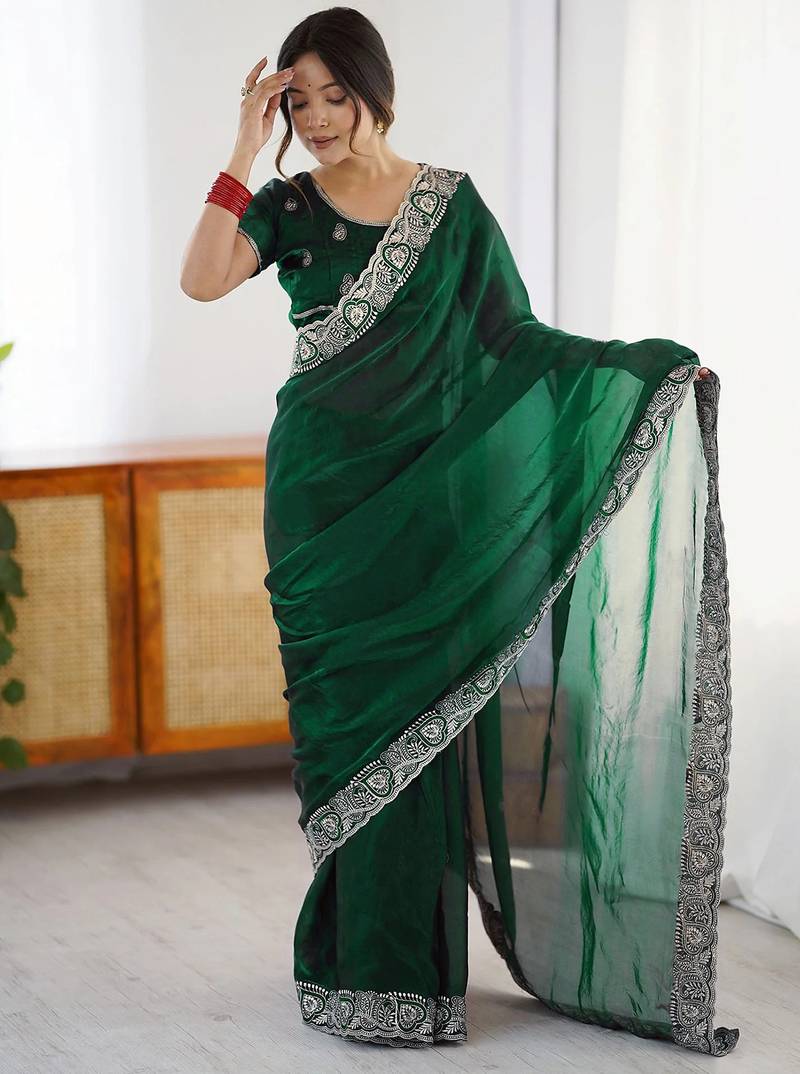 Women's rangoli silk traditional motiff embroidered saree with blouse piece