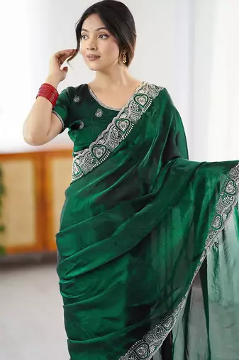 Women's rangoli silk traditional motiff embroidered saree with blouse piece