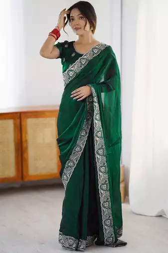 Women's rangoli silk traditional motiff embroidered saree with blouse piece